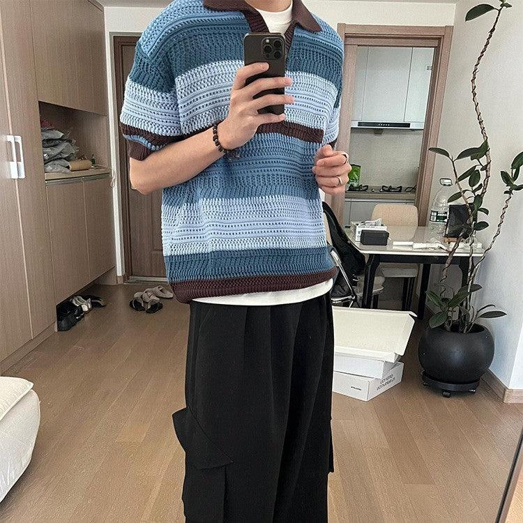 Striped Hollow Knitwear Short Sleeve Men's - WOMONA.COM