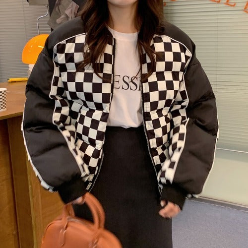 Color Checkerboard Casual Padded Jacket - WOMONA.COM