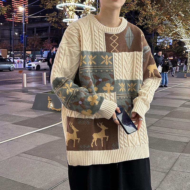 Men's loose crewneck sweater, cream apricot knit with patchwork animal motifs and diamonds