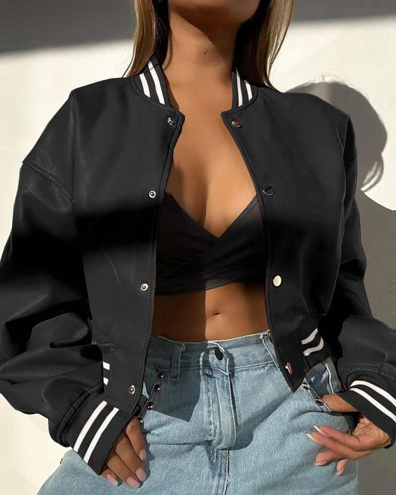 Black PU leather motorcycle jacket with snap front and striped ribbed cuffs