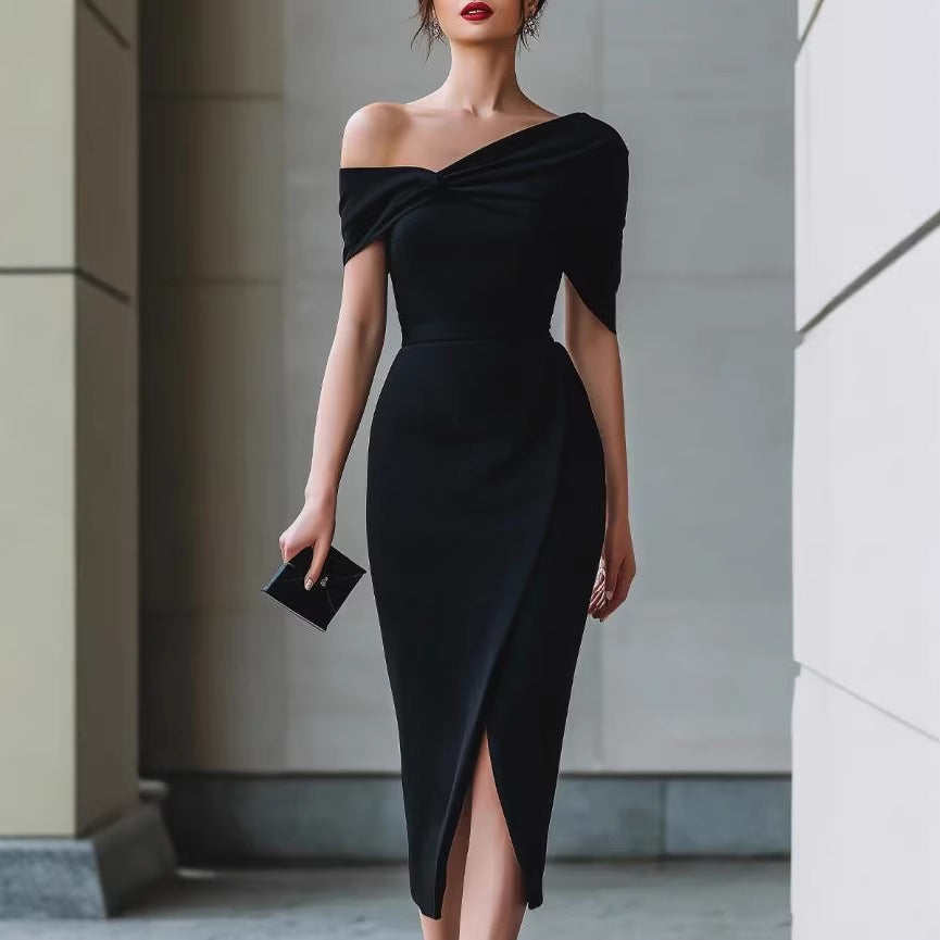 Black off-shoulder asymmetrical dress gown with twisted knot bodice and front slit