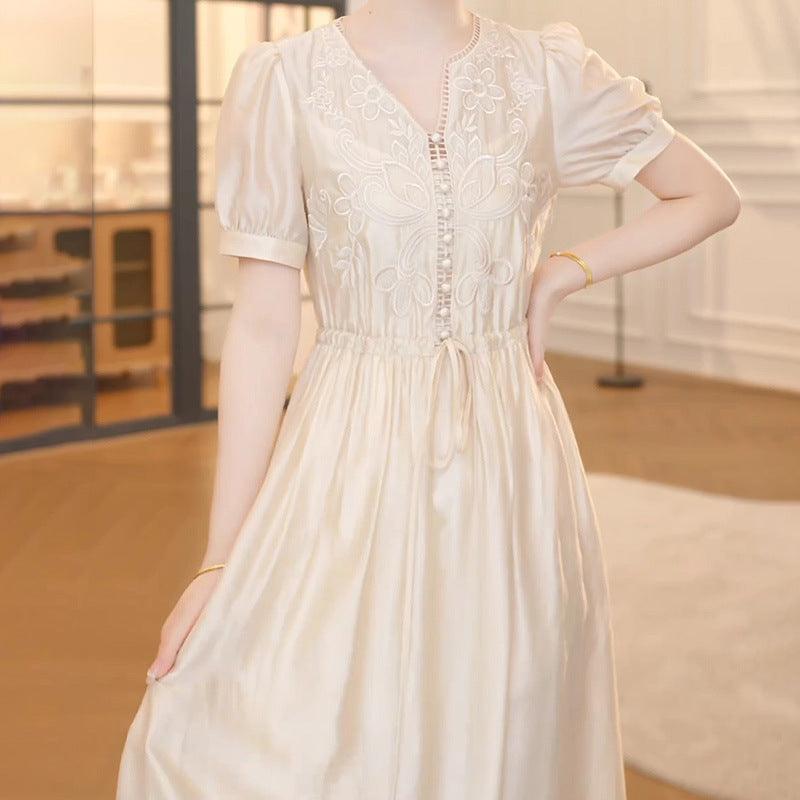 Women’s light apricot lace bodice puff-sleeve midi dress with button placket