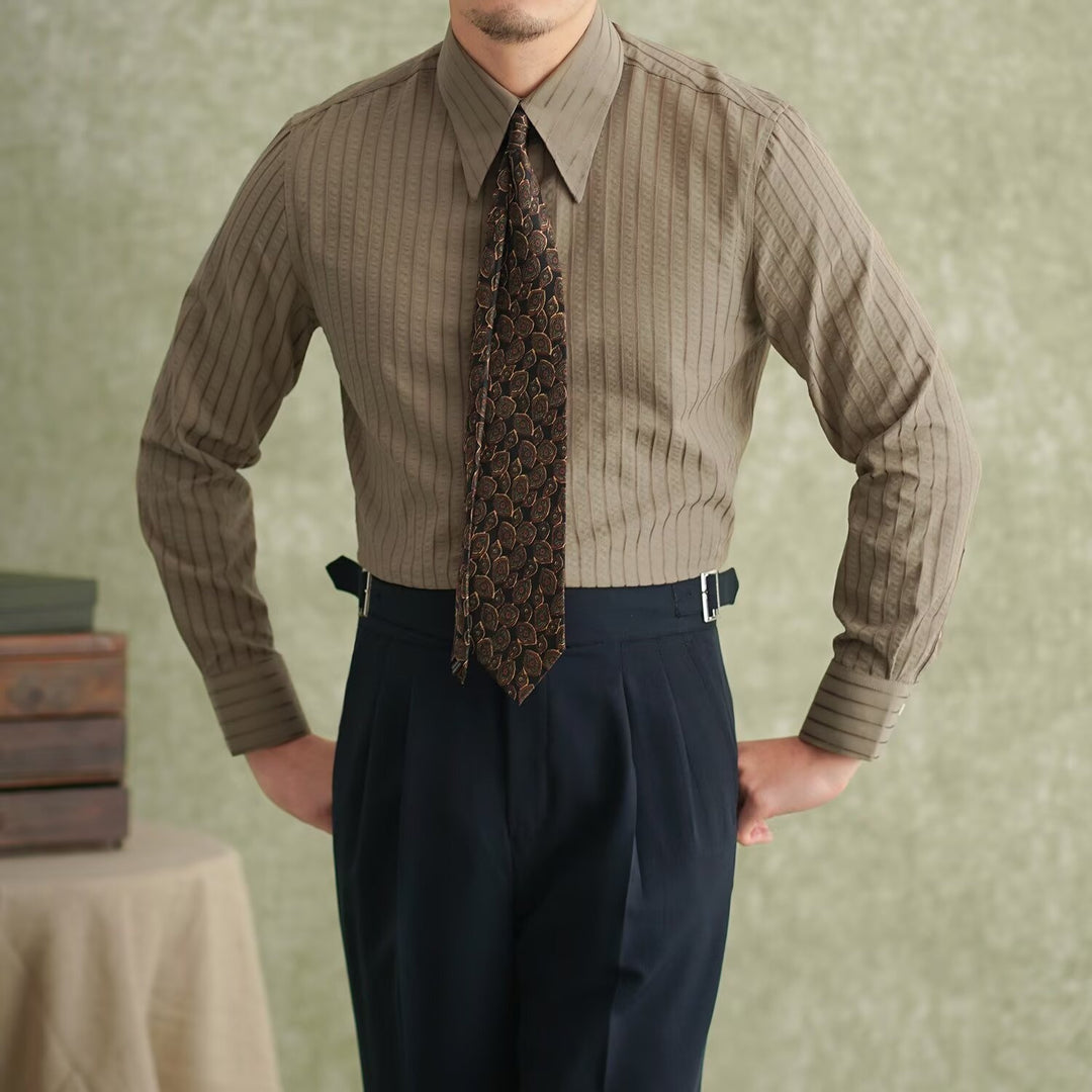 Wrinkle-resistant slim-fit button-down shirt in coffee brown, vertical stripe texture, button collar