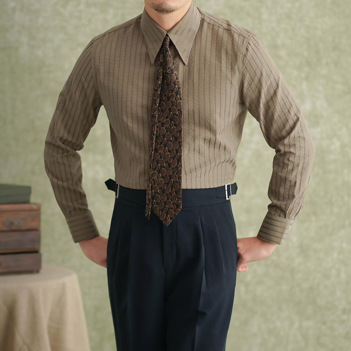 Wrinkle-resistant slim-fit button-down shirt in coffee brown, vertical stripe texture, button collar