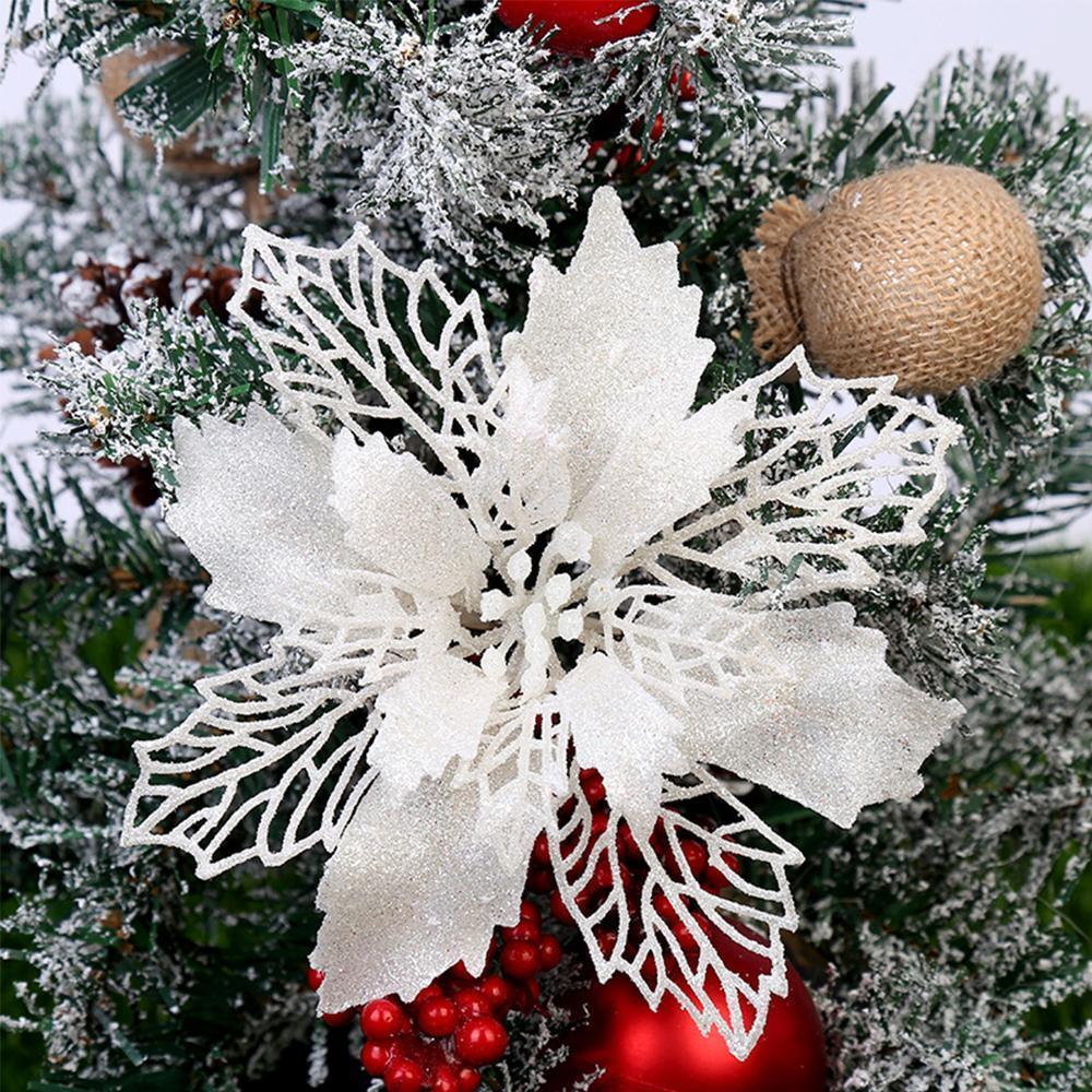 Glitter artificial Christmas snowflake flower, white, on pine branches