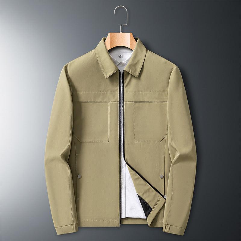 Men's khaki utility jacket with stand collar, front zipper, and flap chest pockets