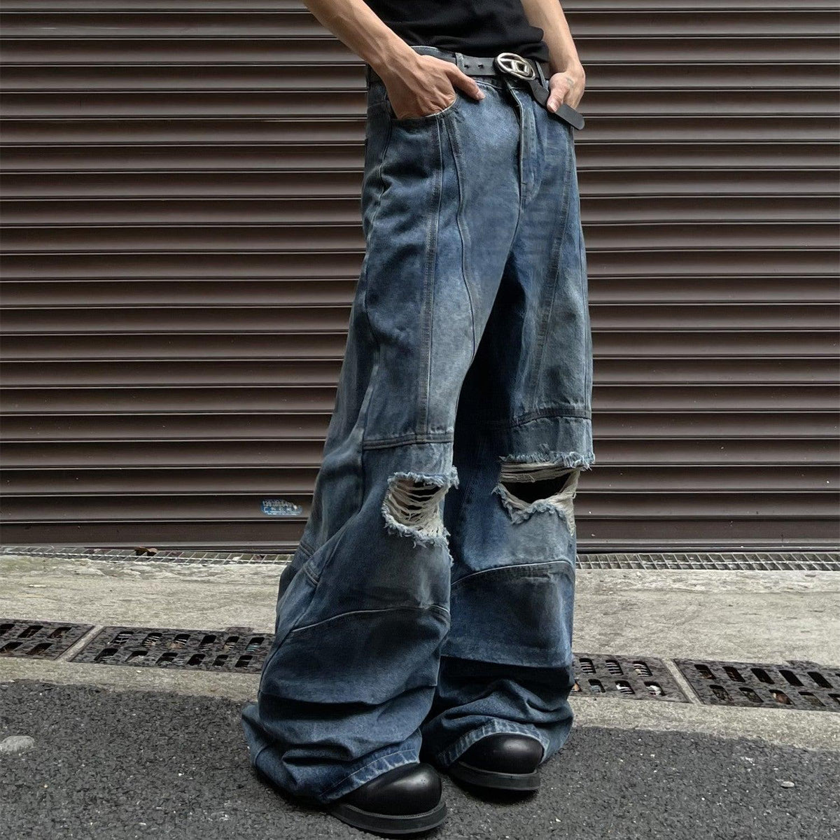 Distressed A-line Splicing Deconstructed Jeans - WOMONA.COM