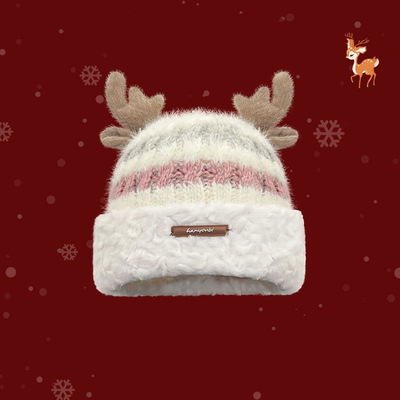 Gorro de punto navideño con linda cornamenta de ciervo, gorro grueso y cálido de invierno para niñas y mujeres