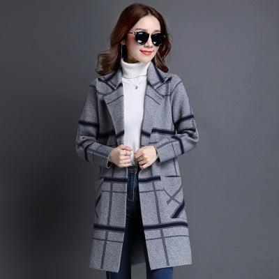 Grey plaid sweater coat with hood, open front, and long sleeves
