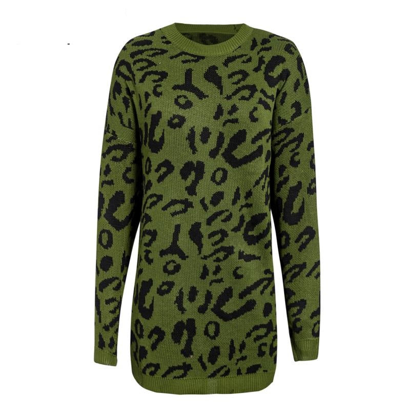 Loose leopard print sweaters with long sleeves - WOMONA.COM