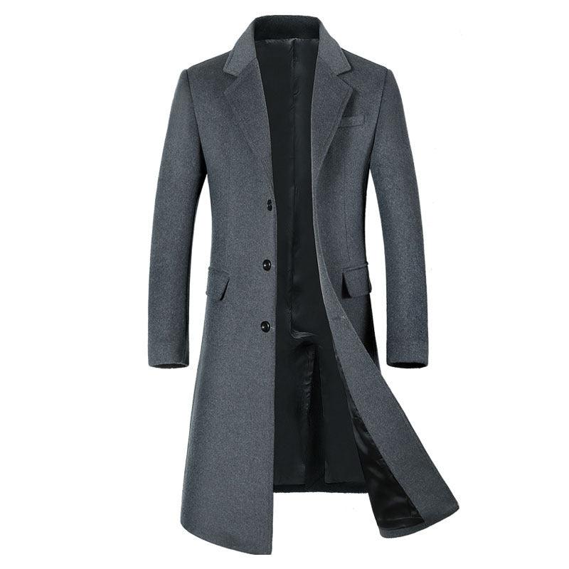 Men's wool coat, dark gray with notch lapels and button front, long sleeves