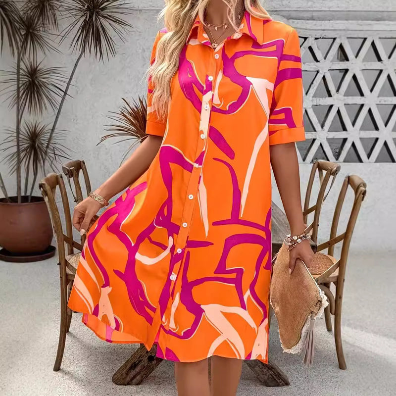 Vestido camisero dividido con estampado geométrico y solapa estampada para mujer