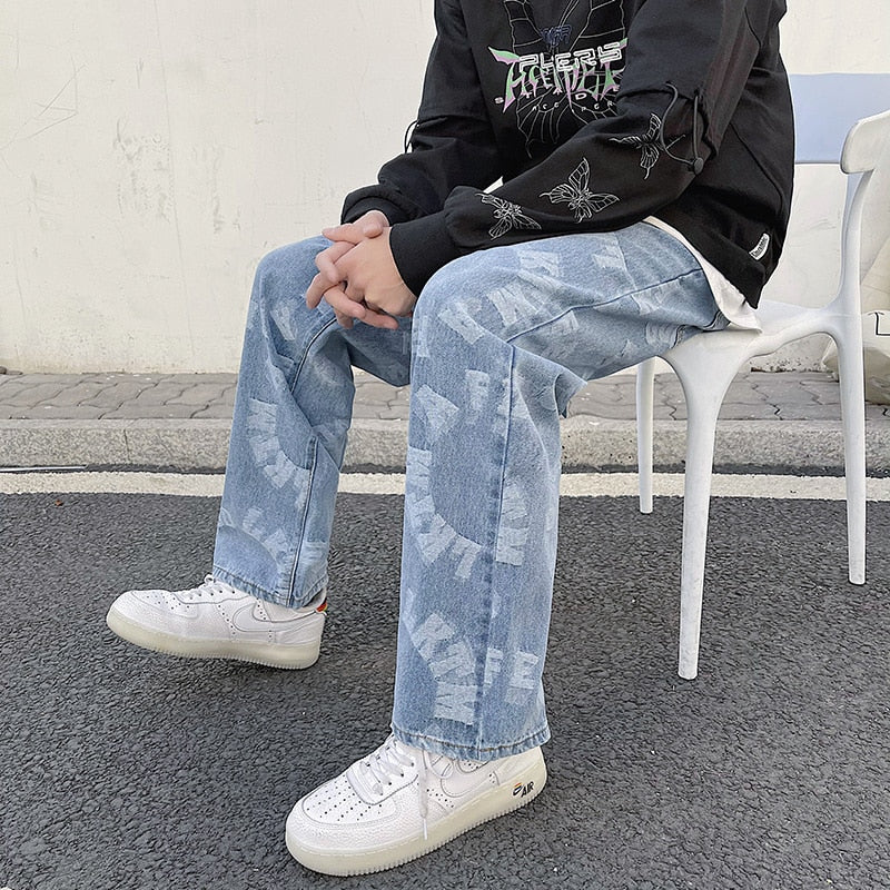 Men's blue mid-rise loose straight-leg jeans