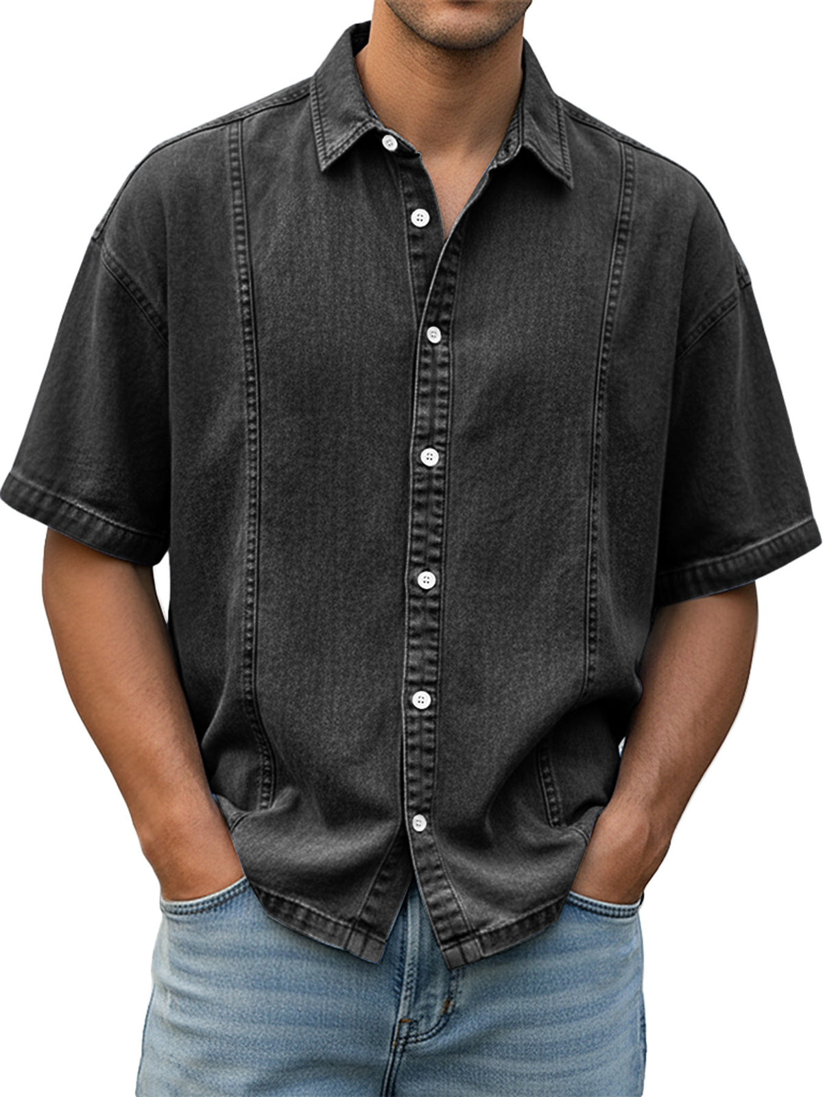 Men's short-sleeve button-up denim shirt in dark charcoal, point collar and button placket