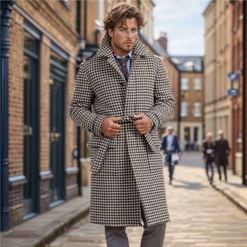 Men's mid-length houndstooth wool coat with quilted front and dark button closure