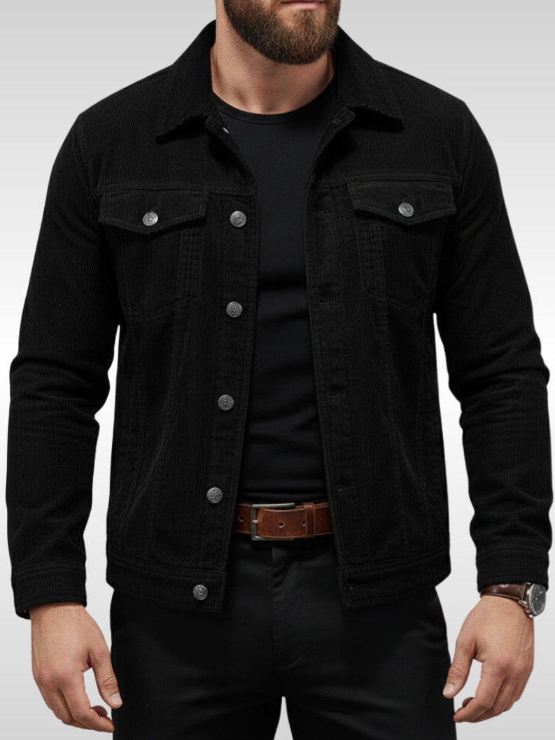 Men's black button-up jacket with two flap chest pockets and denim-style look