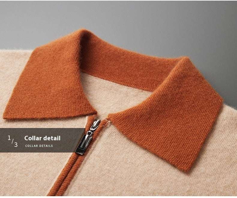 Wool Knitted Half-open Polo Long-sleeved Fleece Sweater - WOMONA.COM