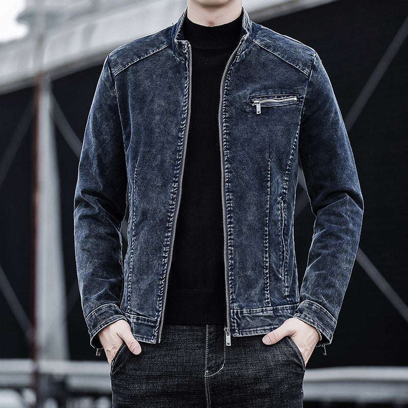 Men's corduroy denim jacket in blue with zip front, stand collar, and chest flap pocket