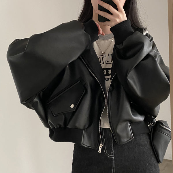 Fake Two-piece Short Leather Jacket Coat - WOMONA.COM