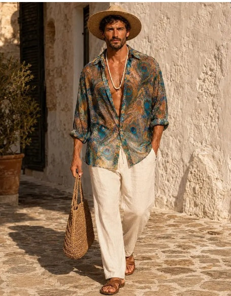 Men's short-sleeve resort shirt with blue peacock floral pattern and open collar