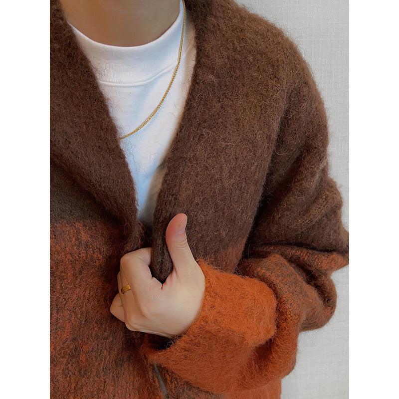 Brushed gradient cardigan, open front, long sleeves, dark brown to rust orange