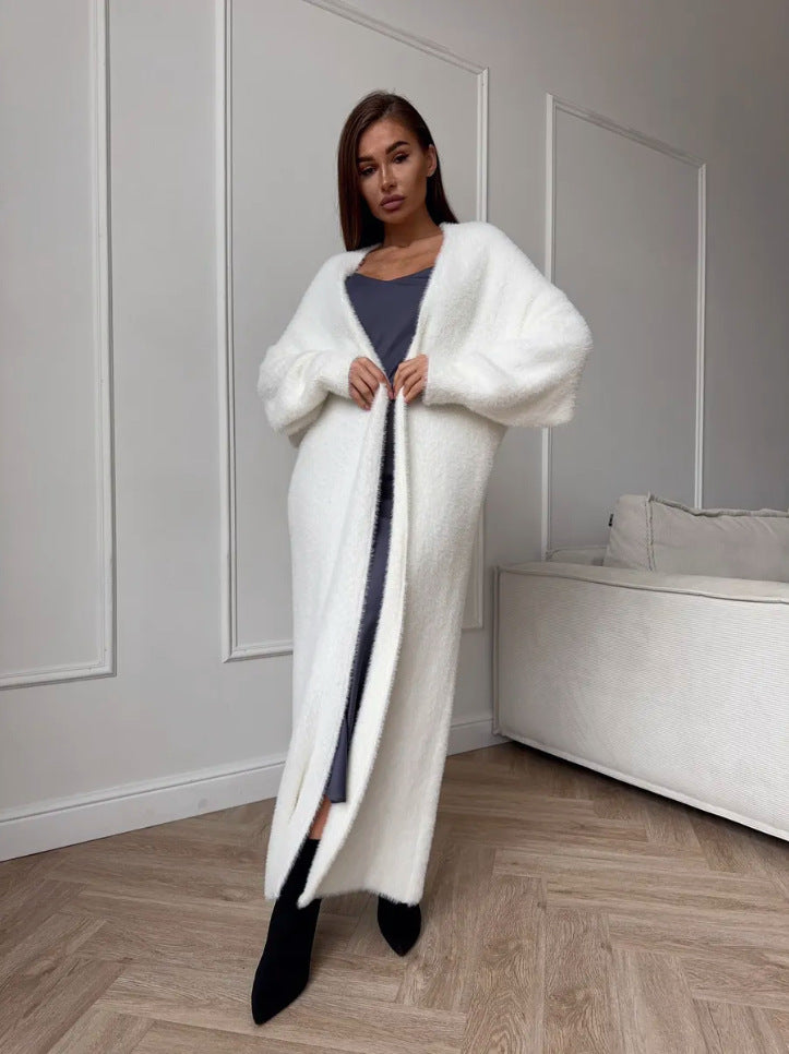Women’s long white fuzzy cardigan coat with open front and long sleeves, straight hem
