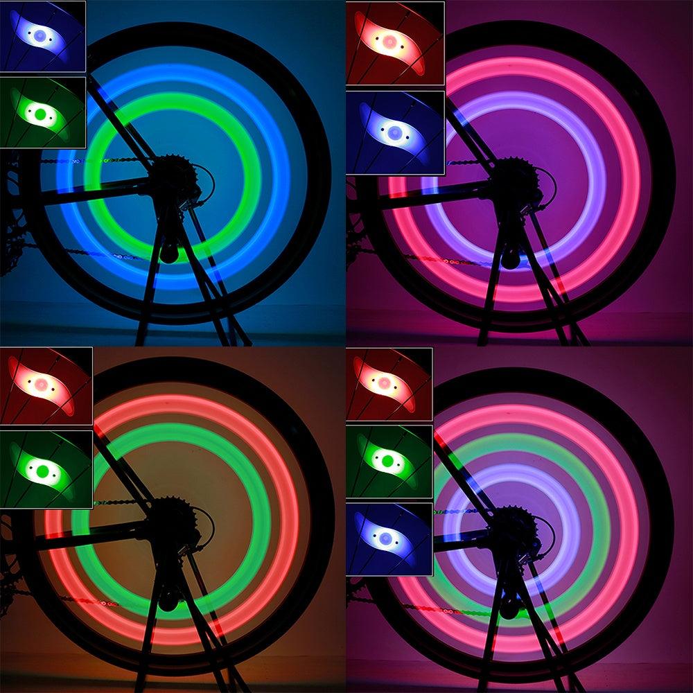 Bicycle-wheel spoke LED lamp with neon circular light rings