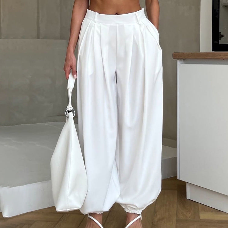 Women's White High-Waist Balloon Trousers