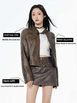 Short Leather Jacket Slim Brown Jacket - WOMONA.COM