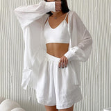 Women's Fashion Casual Long Sleeve Cardigan Shorts Suit - WOMONA.COM