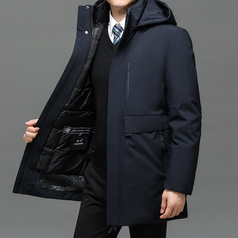 Men's hooded parka with detachable quilted inner liner, open front and side pockets
