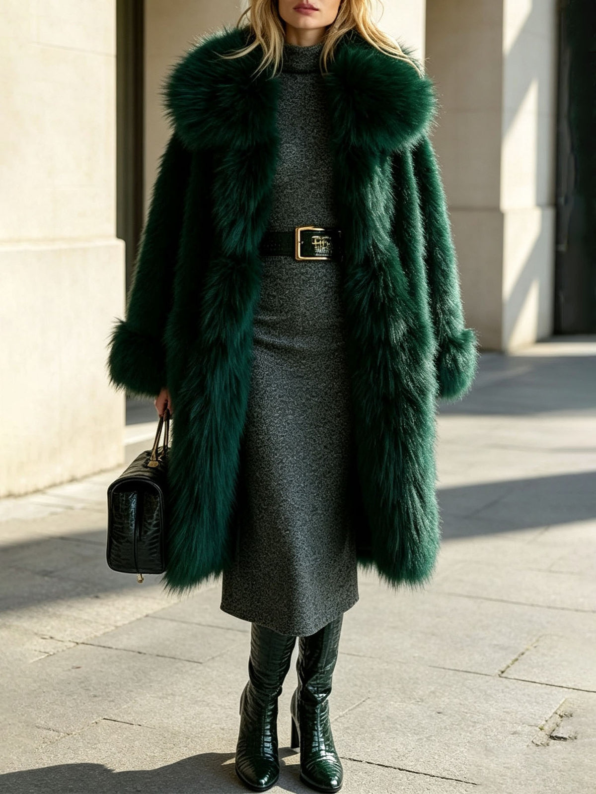 Dark green faux fur long coat with wide lapels, loose fit, button front