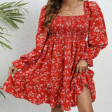 Spring And Summer Floral Long Sleeve Mid-length Dress - WOMONA.COM