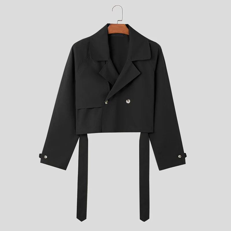 Men's black trench jacket on hanger with wide collar and double-breasted placket