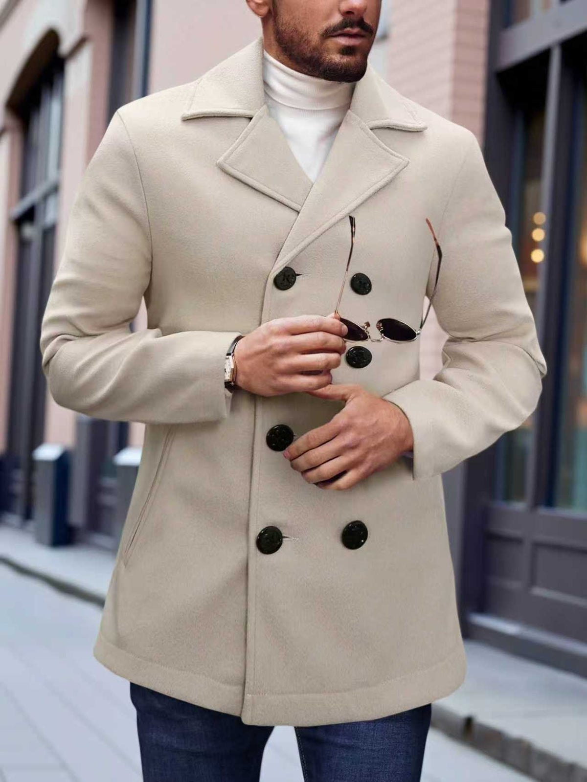 Men's wool overcoat in light cream, double-breasted with black buttons and notch lapels