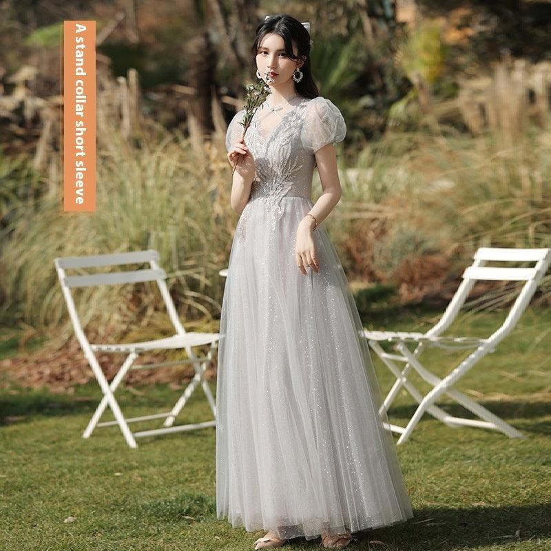 Gray embroidered tulle maxi dress with short puff sleeves and fitted waist