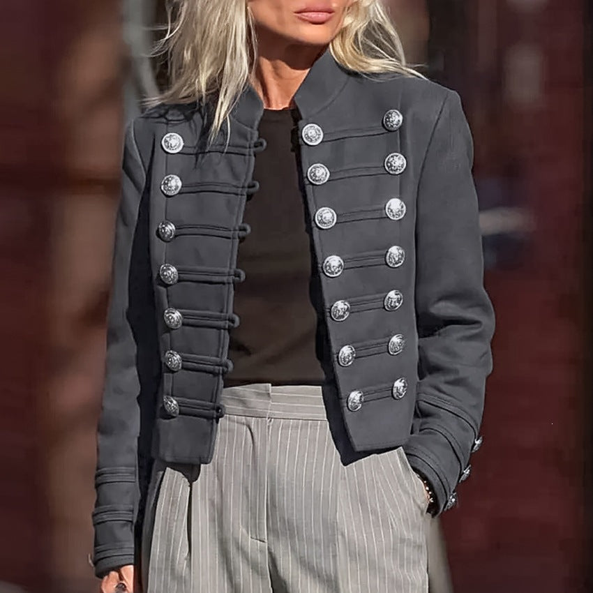 Cropped stand-collar jacket, dark gray, double-breasted silver buttons, long sleeves