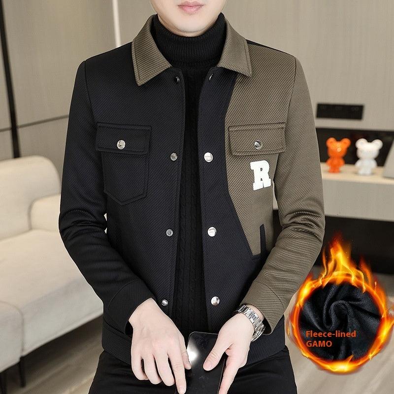 Men's black and dark olive colorblock jacket with snap buttons and chest patch pockets