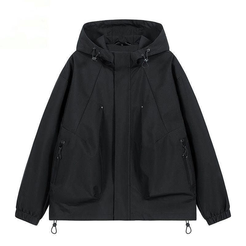 Women's hooded parka in black with zip front, drawcord hood, and side pockets