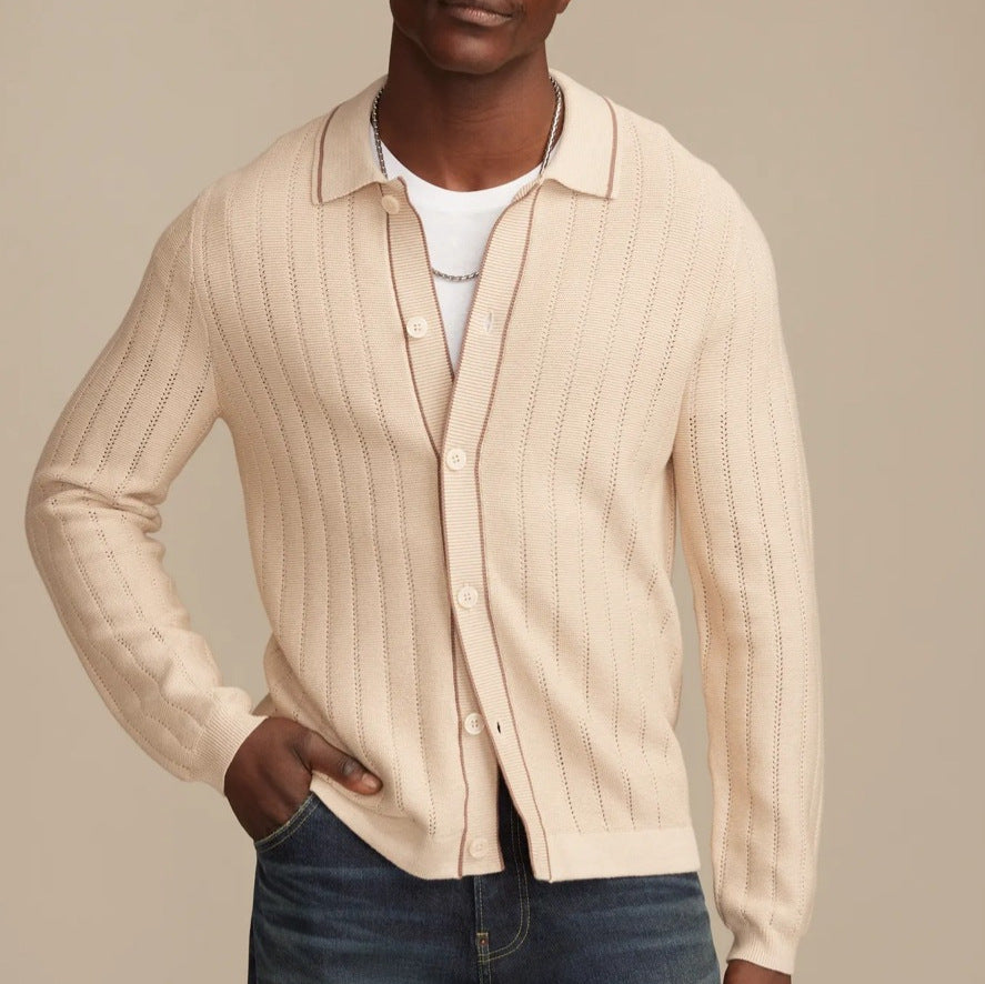 Light apricot knit button-front sweater with polo collar and long sleeves