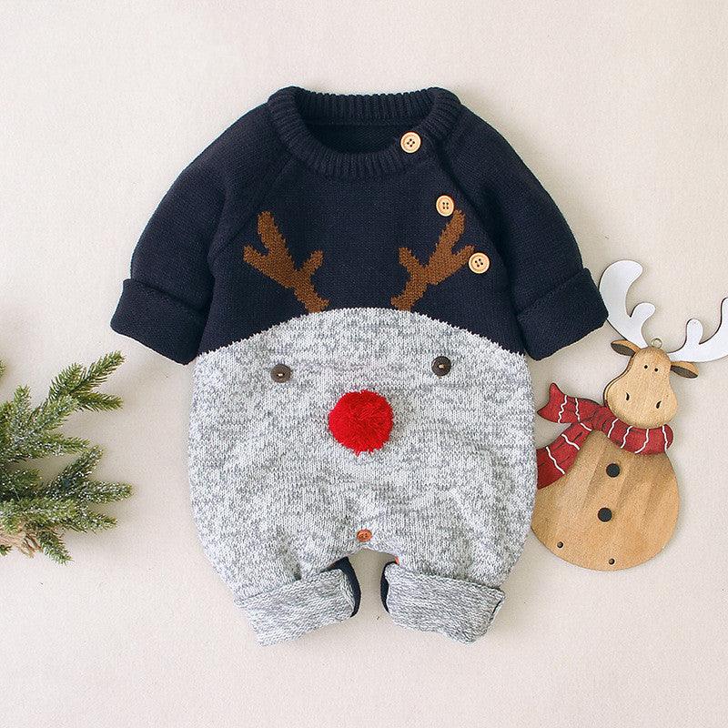 Boys and girls knitted cartoon deer romper Christmas sweater - WOMONA.COM