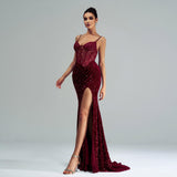 Sequined High Slit Evening Dress