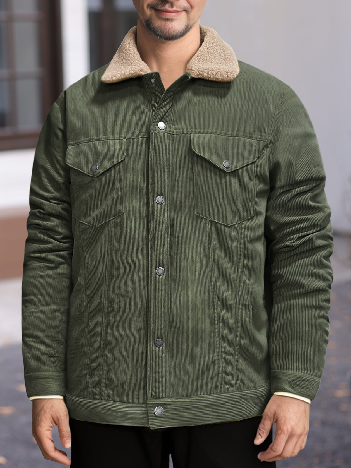 Men's Sherpa-Collar Corduroy Trucker Jacket, Army Green - product view 4