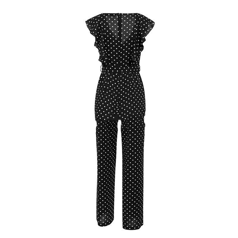 Black polka dot wide-leg jumpsuit, V-neck and tie waist, short ruffled sleeves
