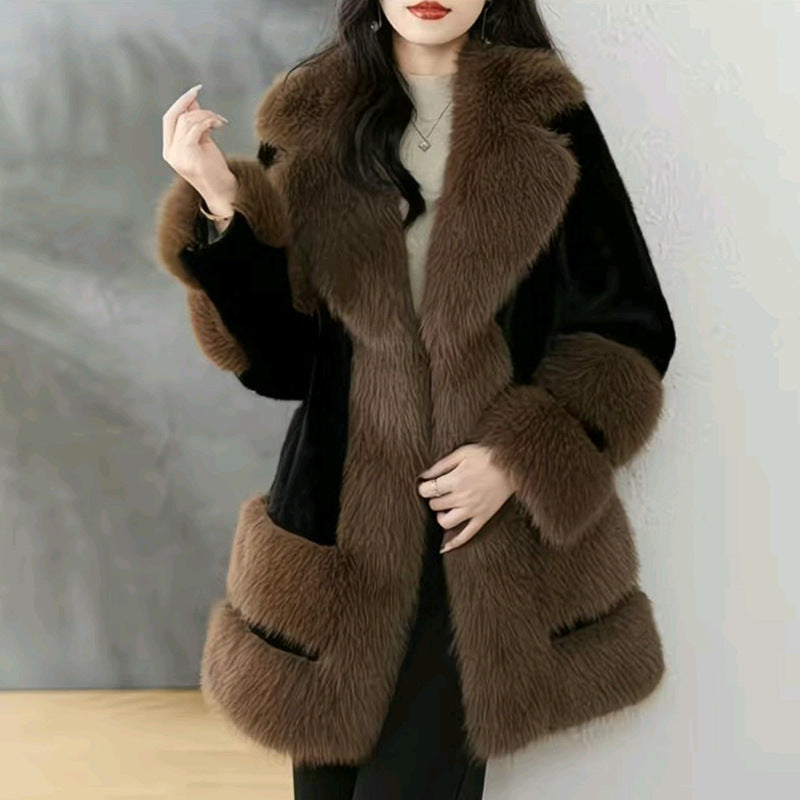 Women’s medium-length fur-lined coat with dark sleeves and brown faux fur front panel