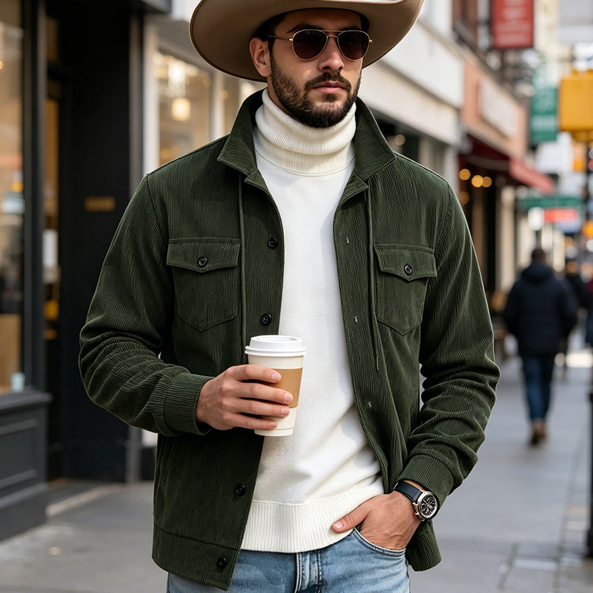 Men's dark green corduroy jacket with button-front and flap chest pockets, long sleeves
