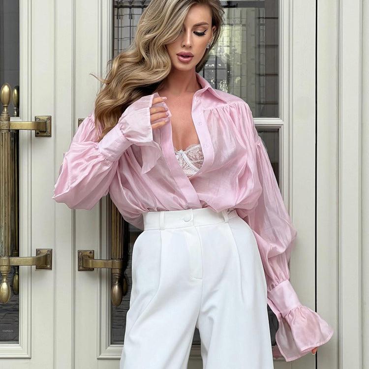 Polo Collar Solid Color Long Sleeve Shirt - WOMONA.COM