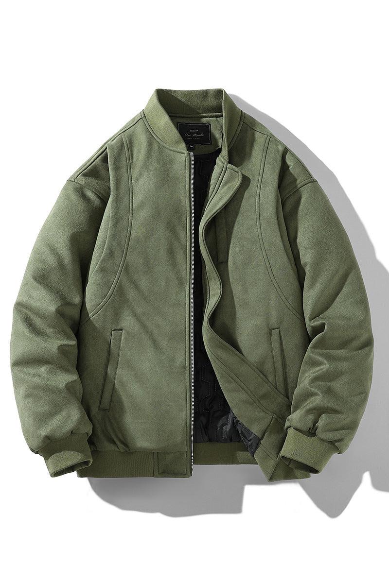 Olive green functional baseball jacket with full-zip front and stand collar.