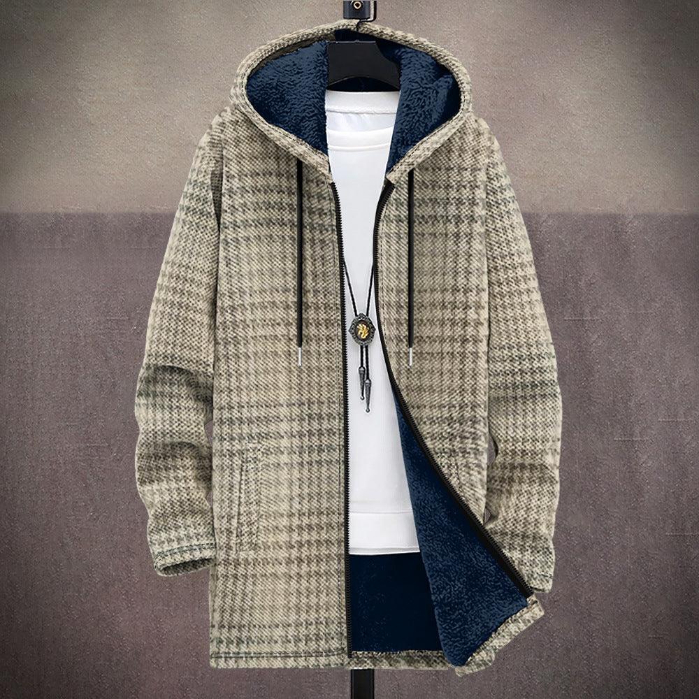 Hooded loose cotton coat, gray houndstooth/check print, navy sherpa lining, zip front, drawstrings