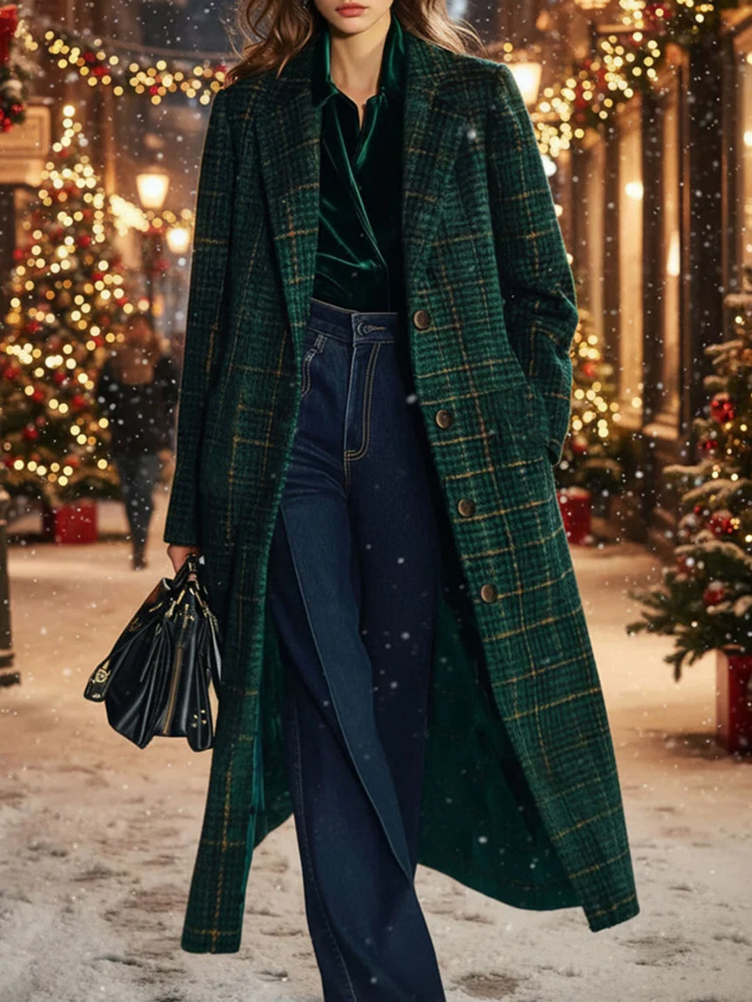 Mid-length plaid coat in dark green with light grid, long sleeves, button-front.